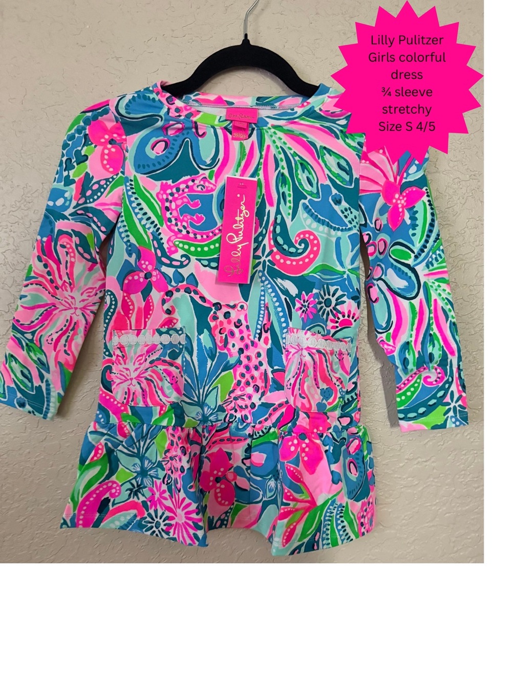 Lilly Pulitzer Girls' Long Sleeve Swim Coverup in Pink, Blue & Green Floral